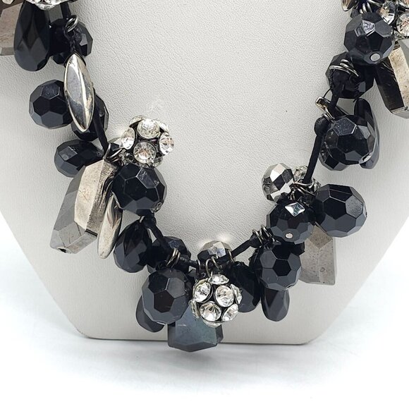 M. Haskell Black Silver Beaded Statement Necklace Rhinestone Accents Chunky Bib - Picture 3 of 7